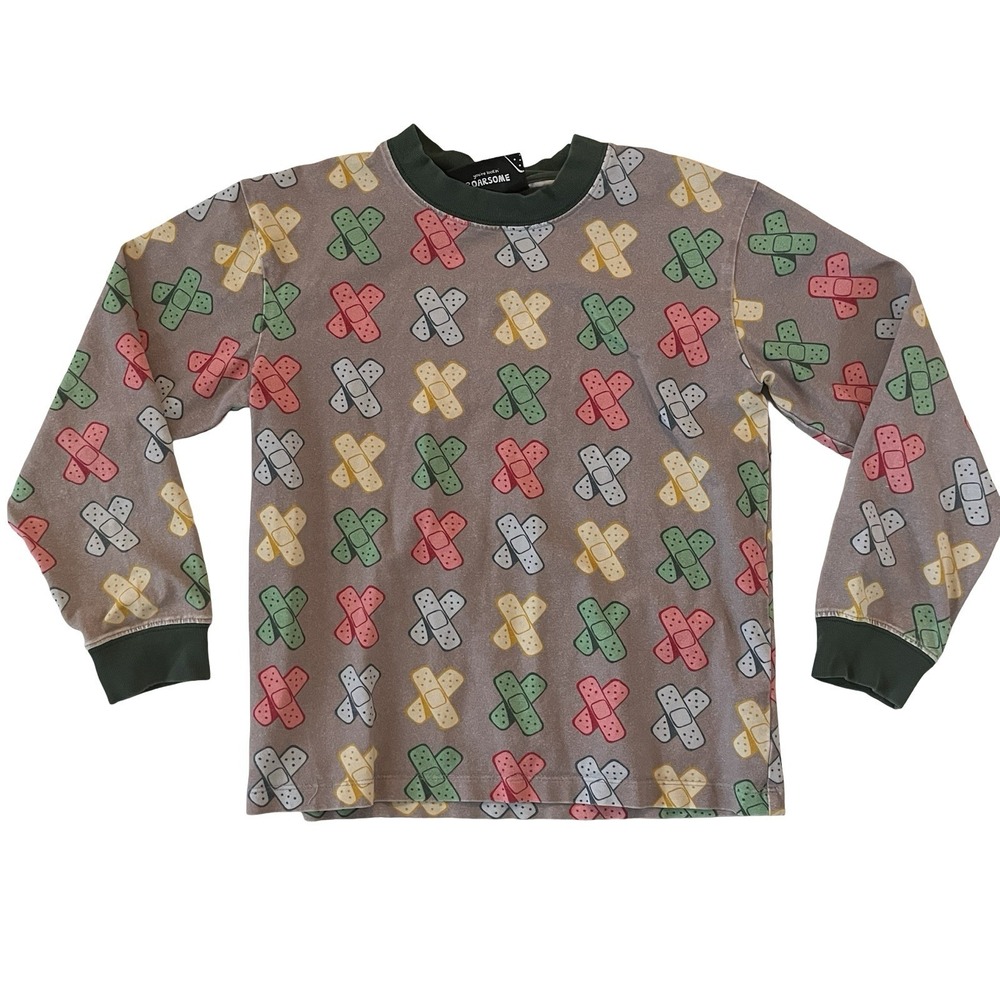 Rexy Youth Size 6 Long Sleeve T-Shirt Bandage Allover Print 95% Cotton Brown